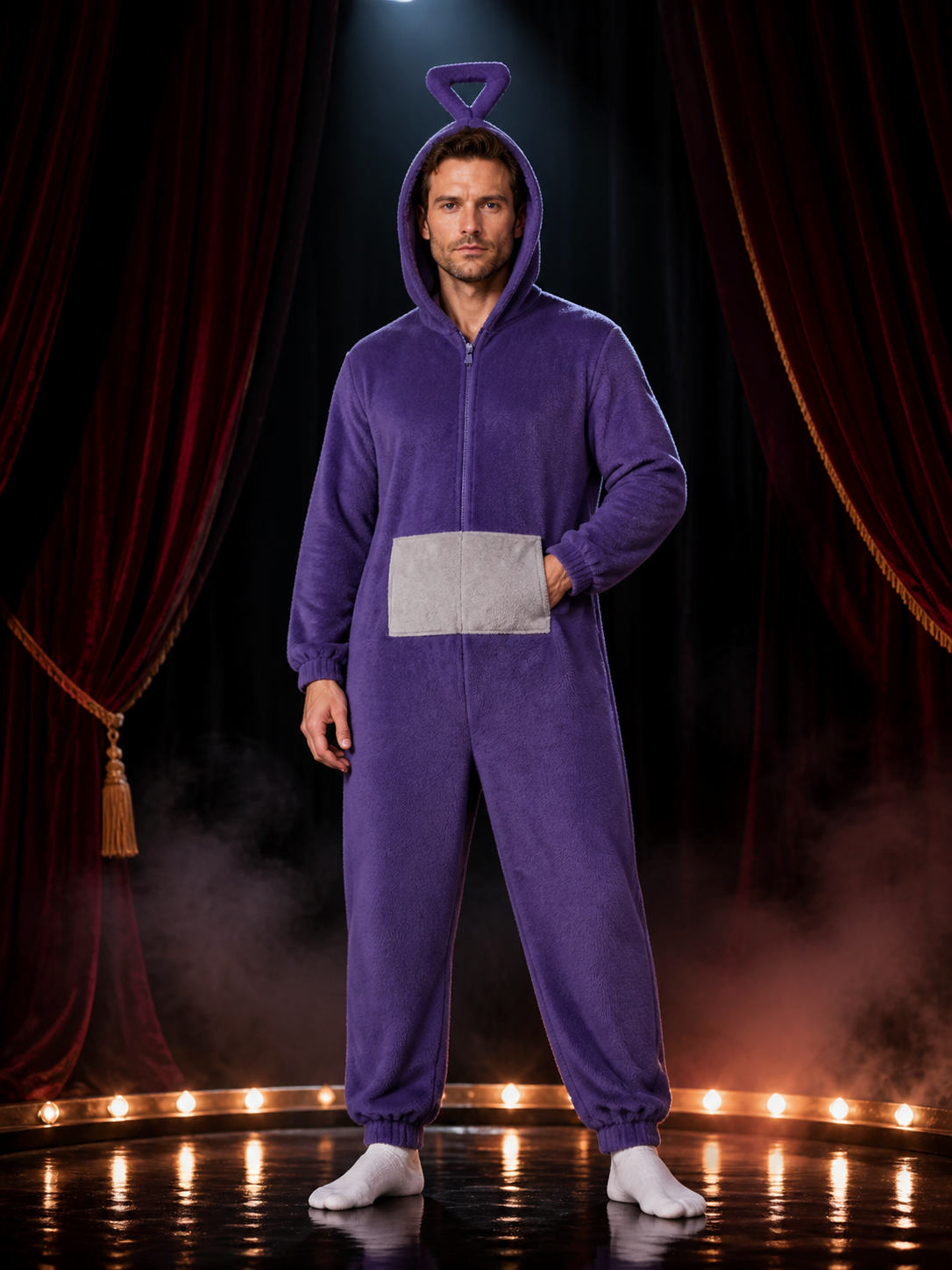 Adult Unisex Purple Cartoon Character Hooded Jumpsuit Costume, Front Zip Funny Costumes detail 3