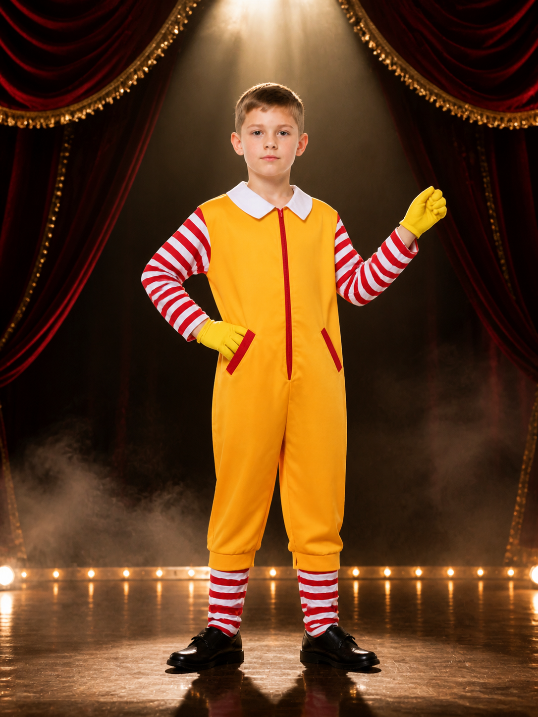 Yellow Clown Jumpsuit Costume, Red And White Striped Sleeves, Halloween Cosplay Costumes detail 3