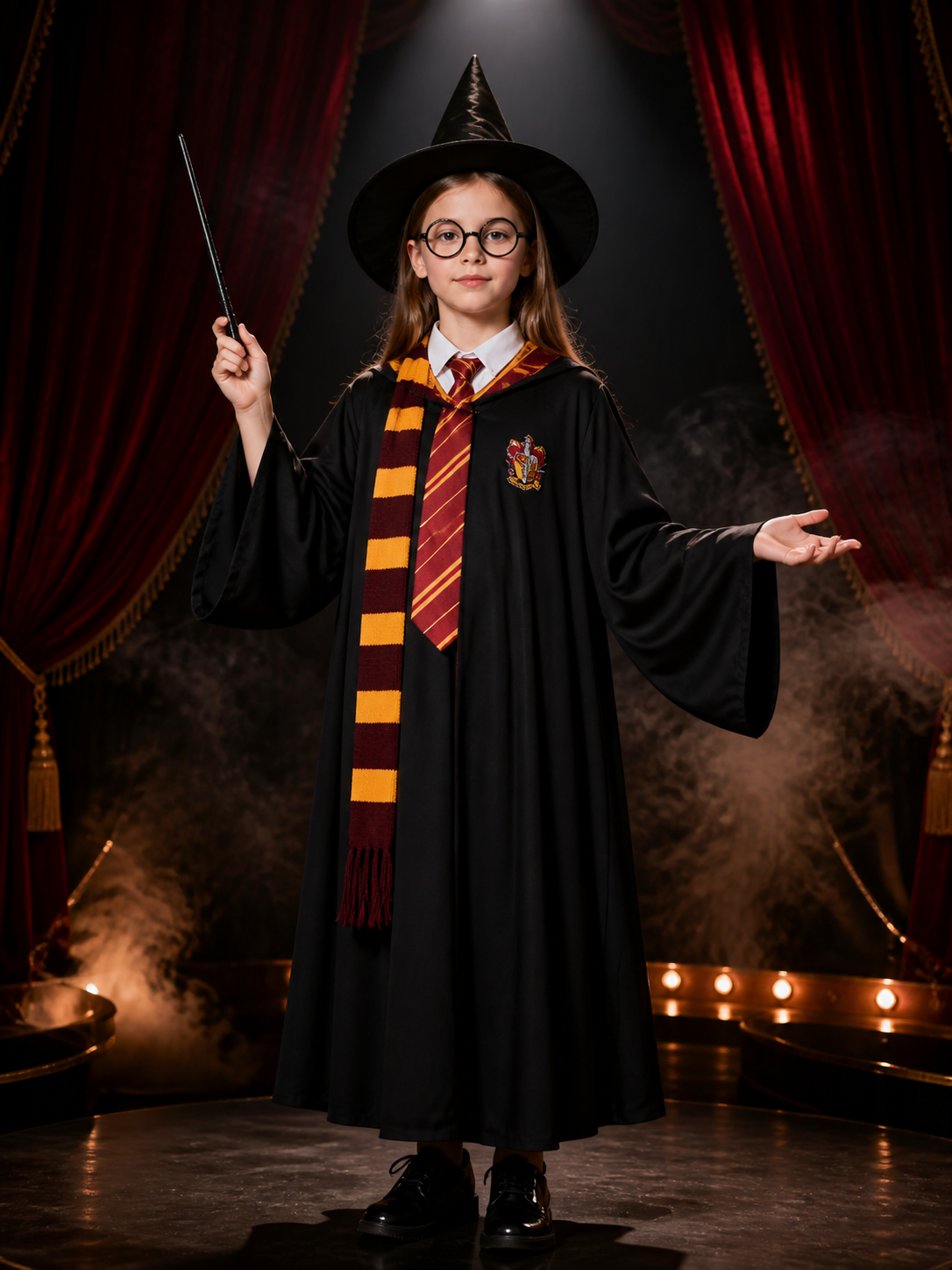 Wizard Costume Set With Hooded Robe, Hat, Scarf, Tie, Wand And Round Glasses Costume Headwear detail 3