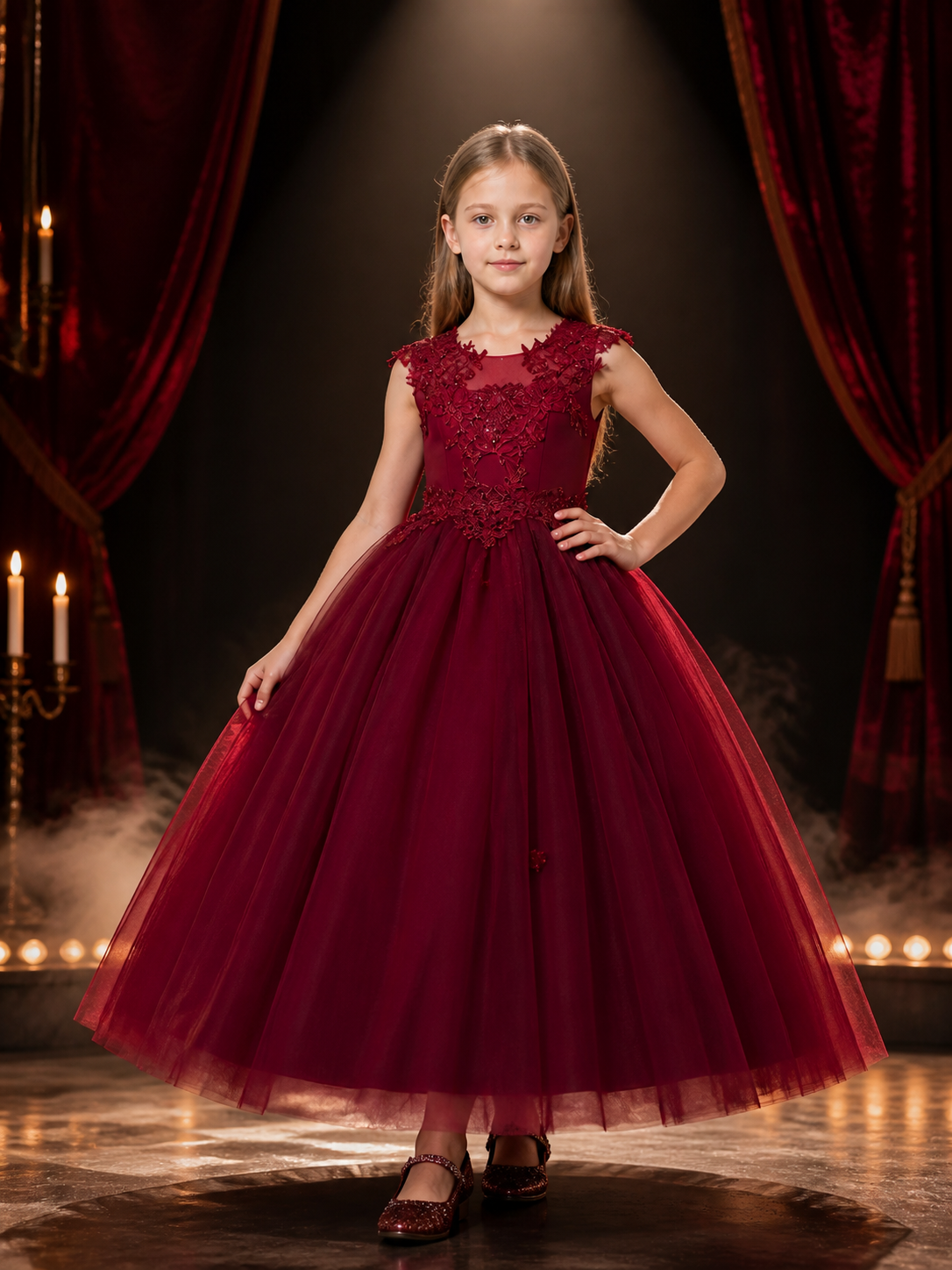 Girls' Burgundy Flower Girl Princess Dress, Sleeveless Floral Lace Gown Costume Dresses detail 3