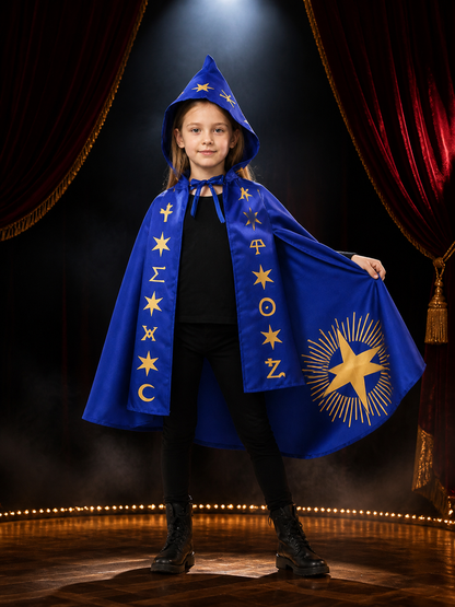 Blue Wizard Costume Set with Pointed Hat and Star-Patterned Cape Costume Capes detail 3