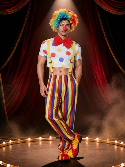 Men's Clown Circus Halloween Costume Set, White Polka Dot Crop Top With Costumes detail 3