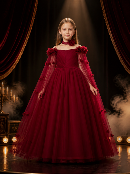 Girls’ Maroon Princess Dress with Tulle Ball Gown Skirt and Necklace