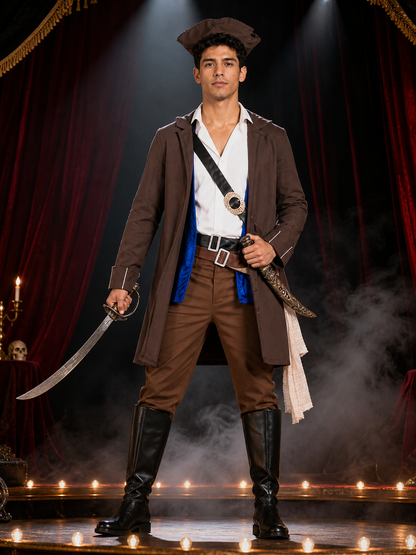 Adult Pirate Costume Set with Long Coat, Vest, Shirt, Hat, Belts, Pants and Boot Costume Headwear detail 3