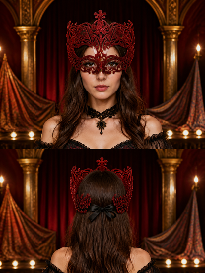 Red glitter filigree masquerade mask with black ribbon product view 17