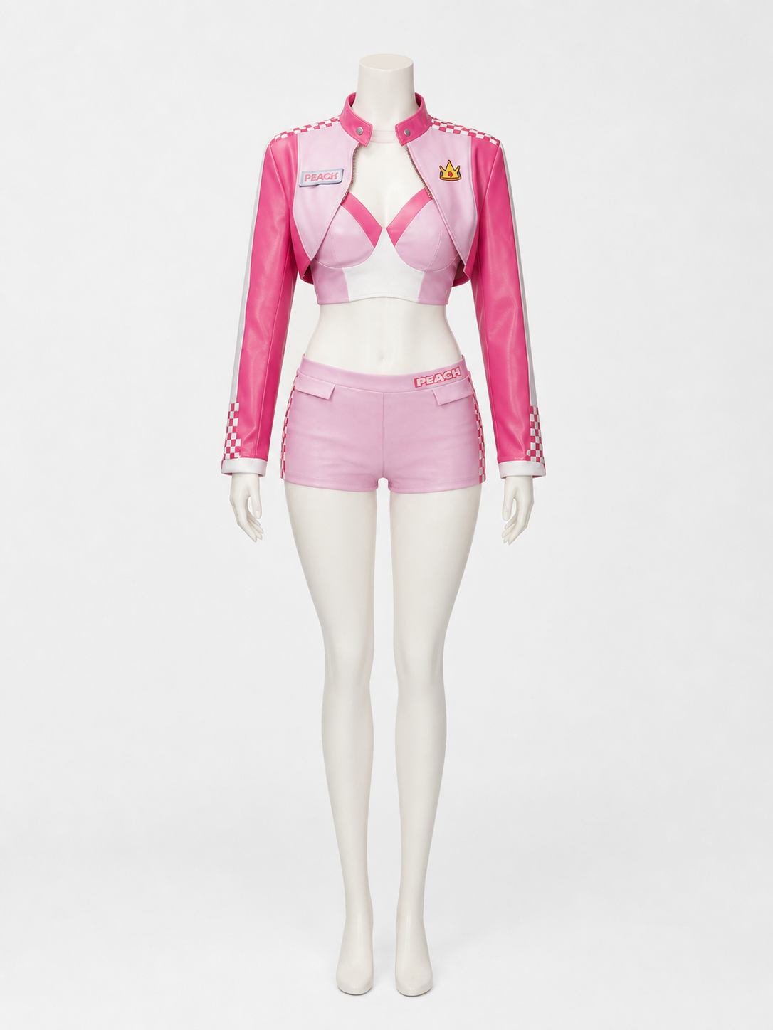 Women's Princess Peach Checkered Racing Suit Cosplay Costume Set on-model stage scene view