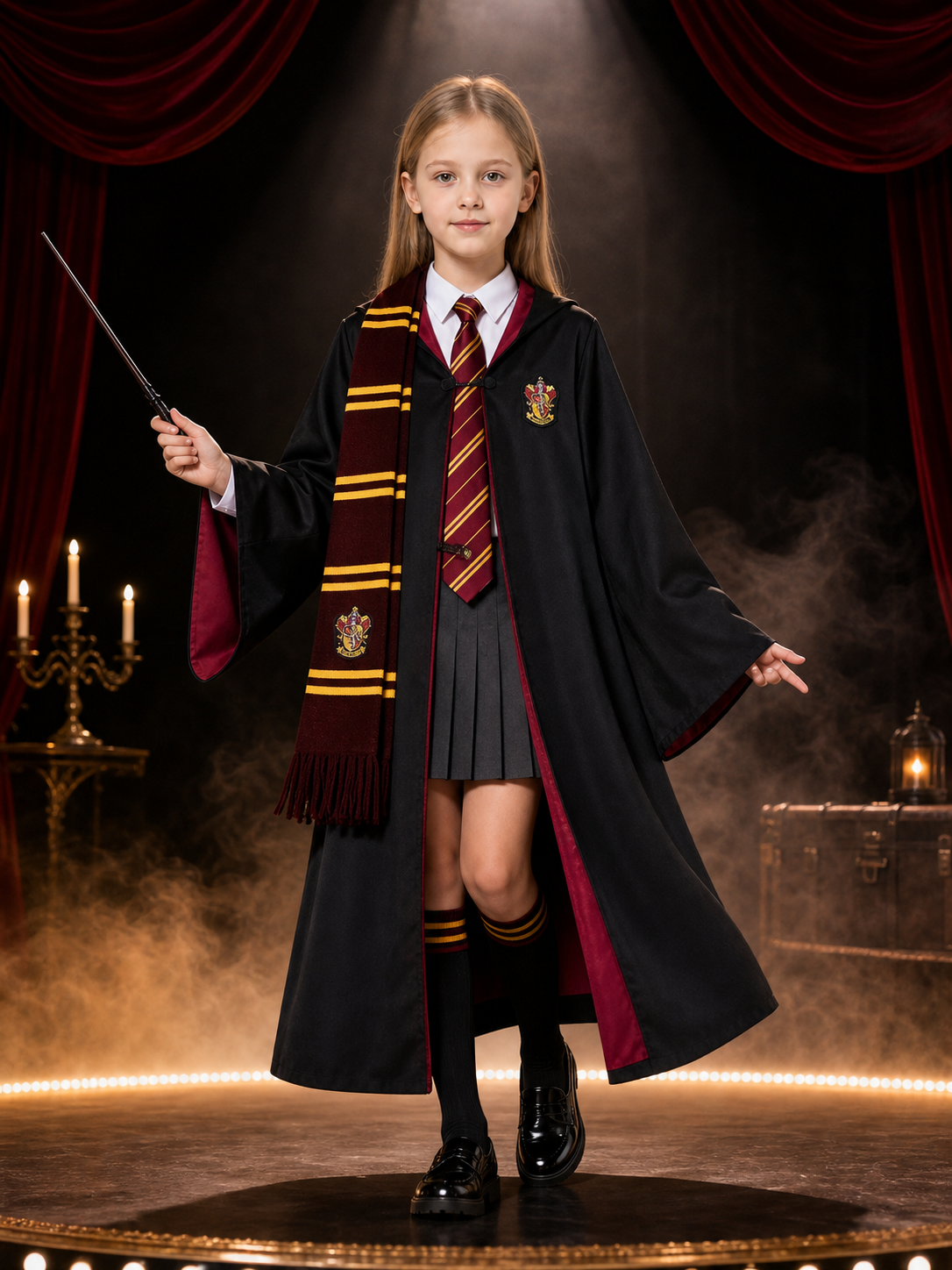 Women's Wizard School Costume Set with Hooded Robe, Wand, Tie, Scarf, Skirt and Costume Accessories detail 3
