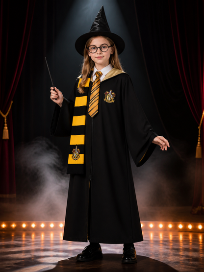 Black Hooded Wizard Robe Costume Set With Hat, Scarf, Tie, Wand And Round Costume Headwear detail 3