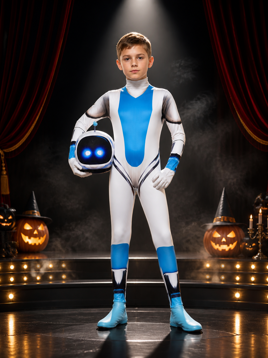 Unisex Space Robot Costume Jumpsuit with Headpiece, Blue White Black Halloween Costume Headwear detail 3