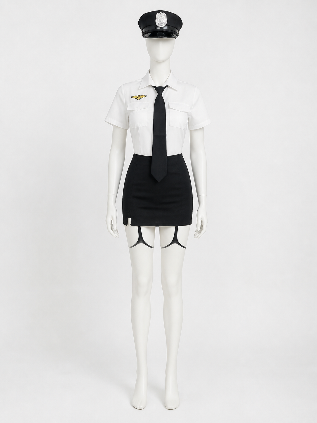 Women's Sexy Police Costume Set - White & Black Uniform with Hat and Gloves Costume Headwear detail 3