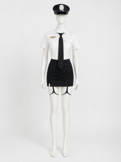 Women's Sexy Police Costume Set - White & Black Uniform with Hat and Gloves Costume Headwear detail 3