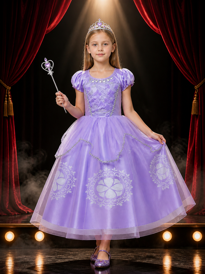 Girls Sophia Princess Dress Costume Set with Crown and Wand, Floral Embroidered Costume Dresses detail 3