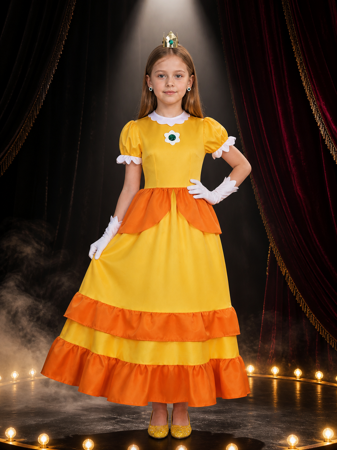 Kids Princess Halloween Costume Set - Yellow Orange Ruffle Dress With Crown Costume Dresses detail 3