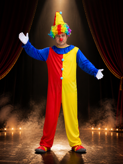 Adult Unisex Clown Jumpsuit Costume Set, Red/Yellow Split with Pointed Hat Costume Headwear detail 3