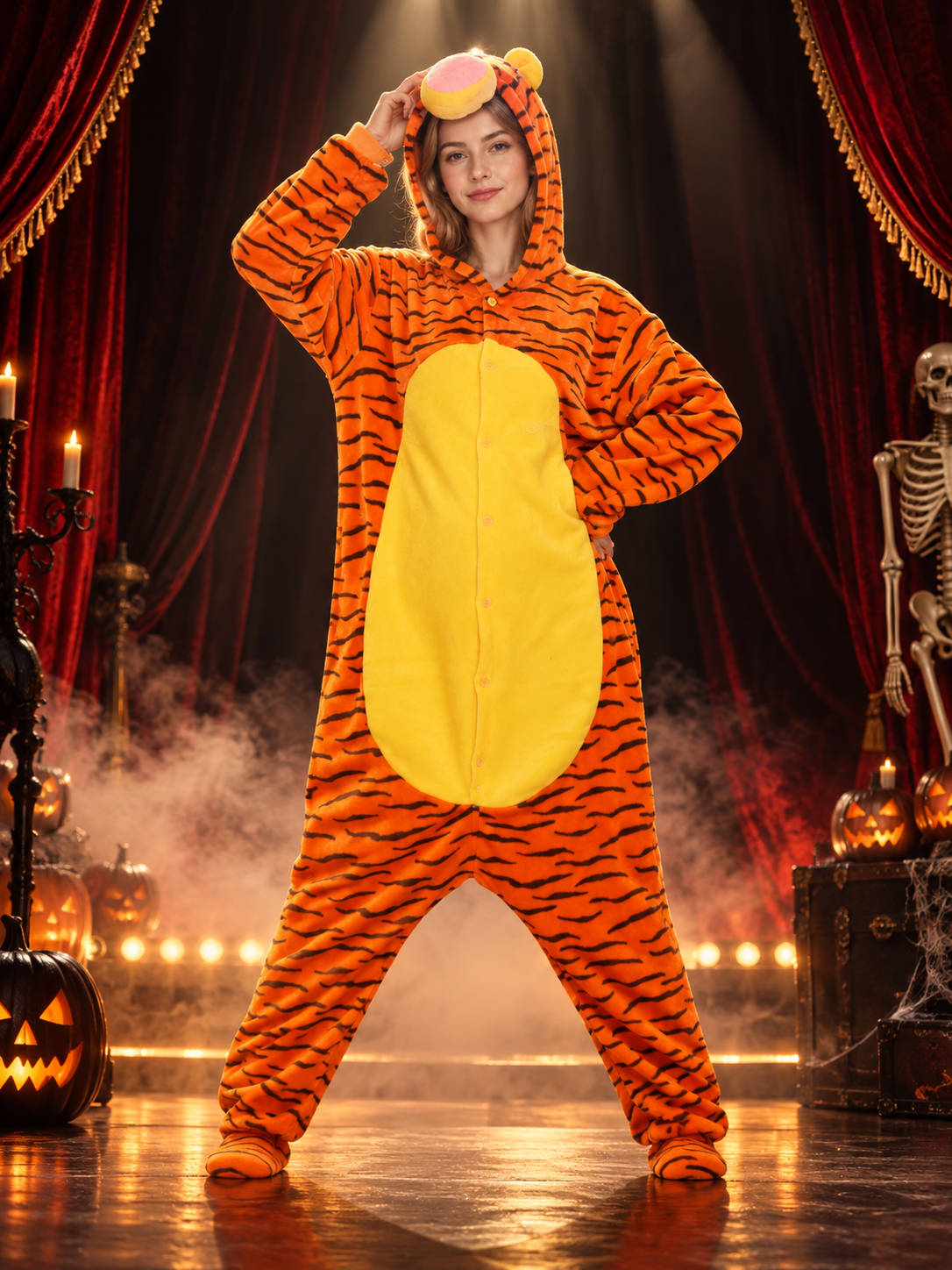 Orange hooded one-piece pajama with stripes