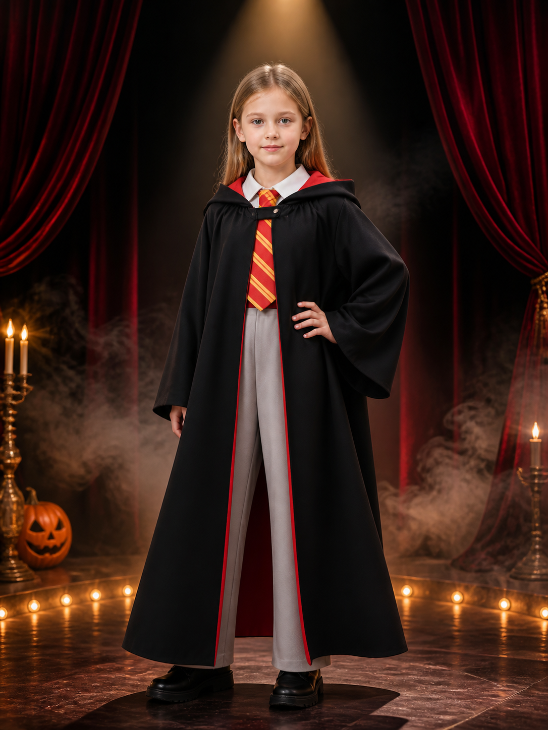 Girls Wizard Robe Costume Set with Hooded Cape, Red Trim, Tie and Pants Costume Capes detail 3