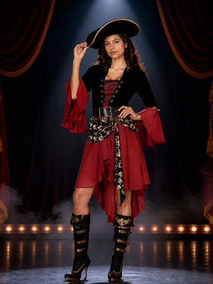 Women's Pirate Costume Dress Set, Red Black Gold, Lace-Up, Hat and Belt Costume Dresses detail 3