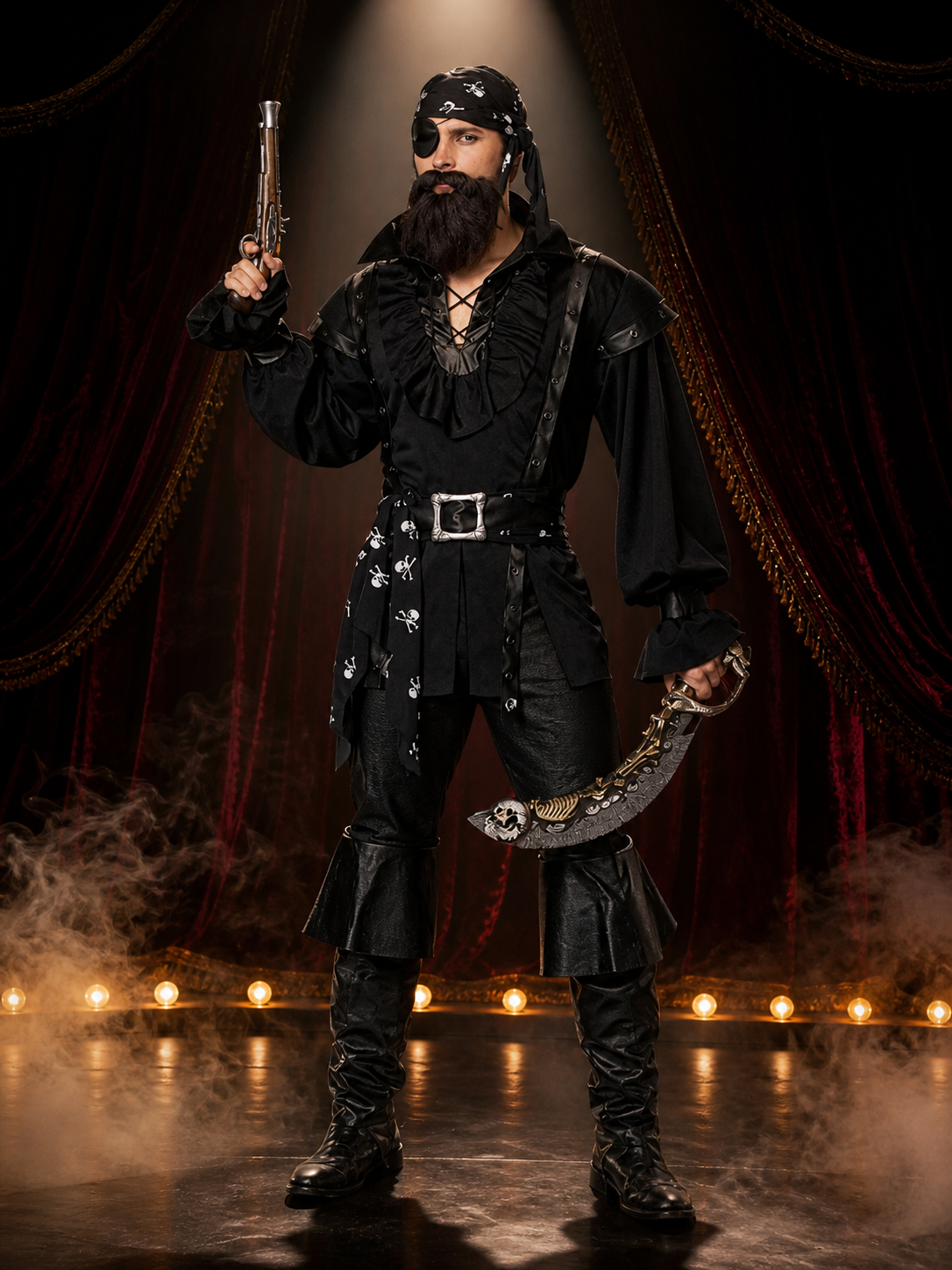 Adult Pirate Costume Set, Black Long-Sleeve Outfit With Headscarf, Beard Costumes detail 3