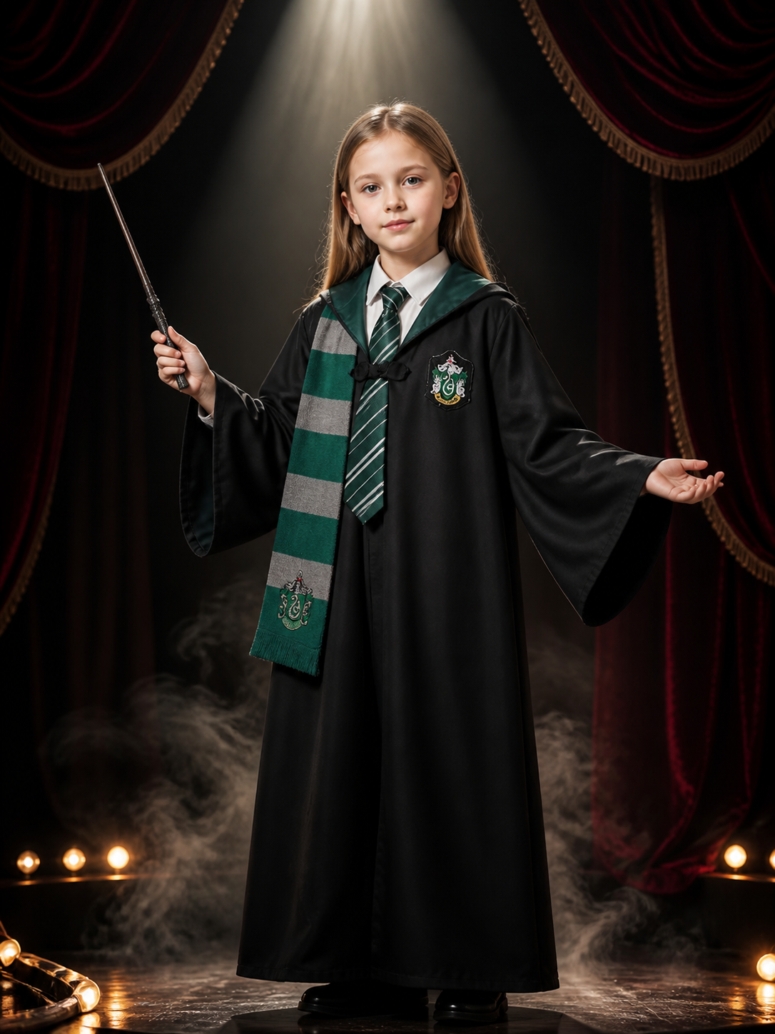 Wizard Robe Costume Set with Hood, Tie and Scarf, Green and Gray Striped Costumes detail 3