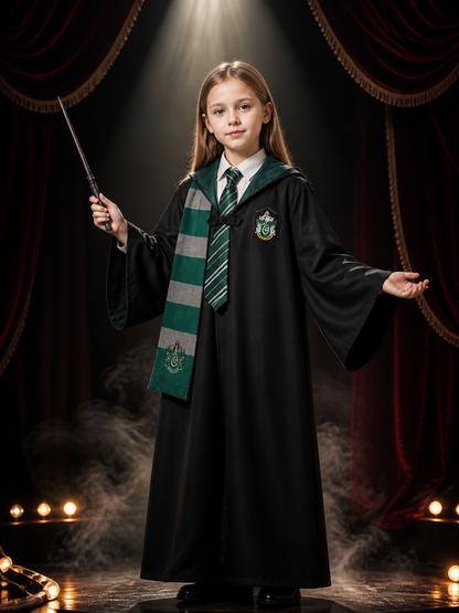 Wizard Robe Costume Set with Hood, Tie and Scarf, Green and Gray Striped Costumes detail 3
