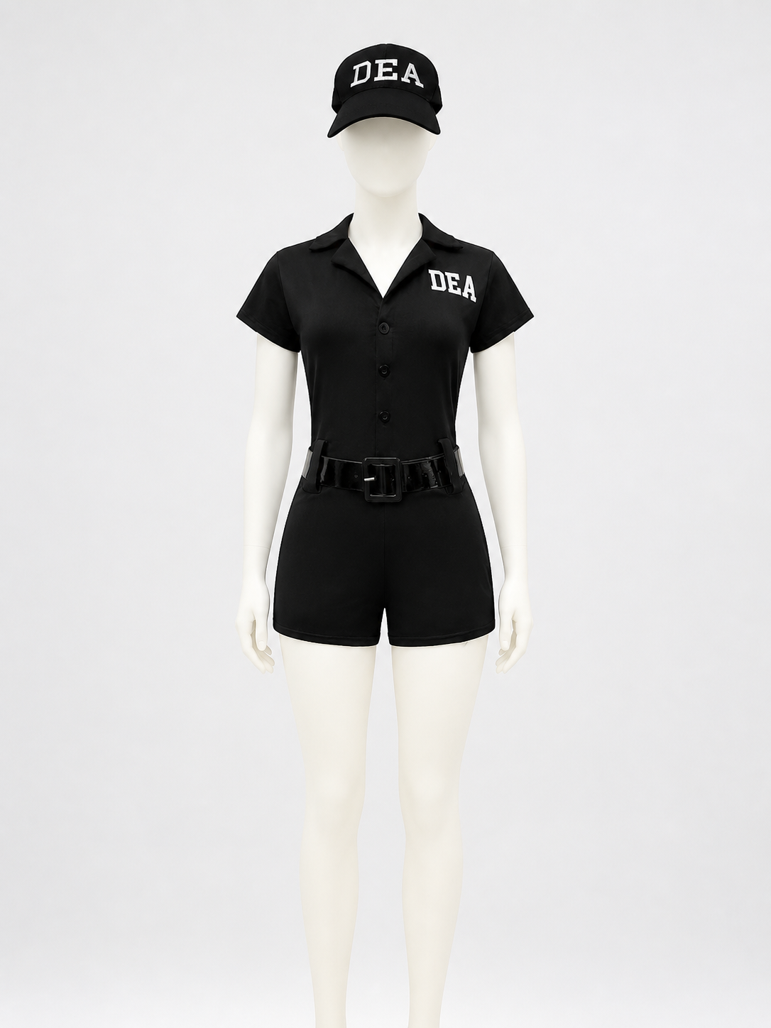 Women's Police Costume Jumpsuit with DEA Print and Hat, Halloween Outfit on-model stage scene view
