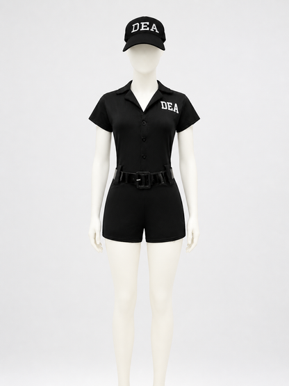 Women's Police Costume Jumpsuit with DEA Print and Hat, Halloween Outfit on-model stage scene view