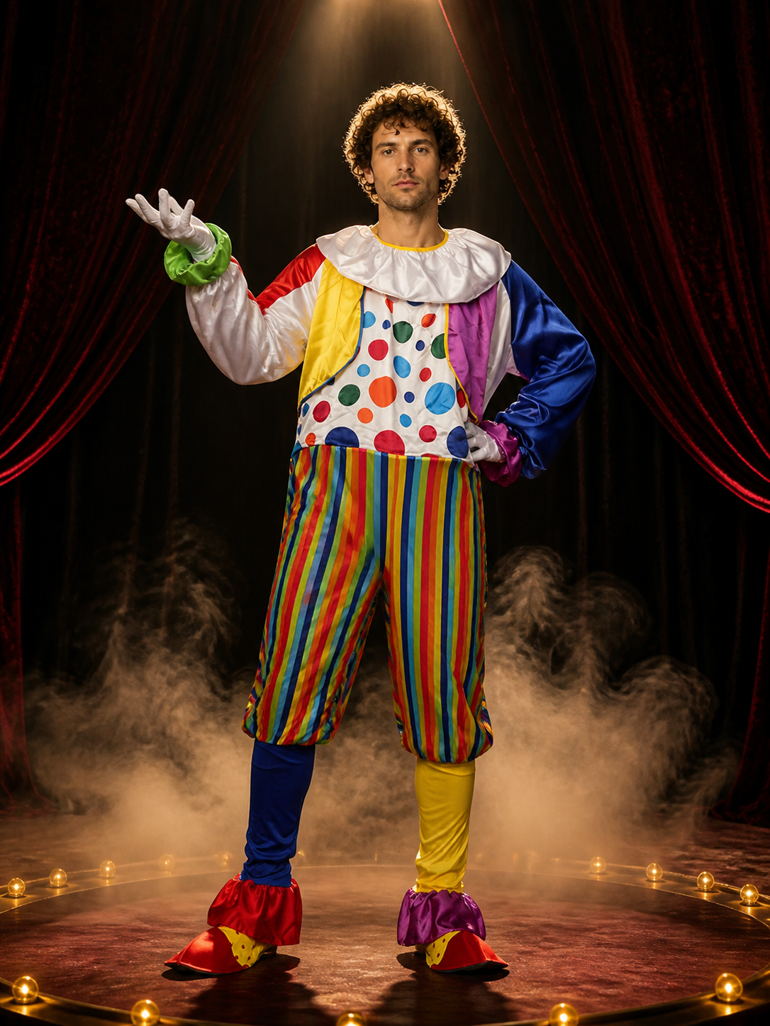 Adult Clown Costume Set - Multicolor Polka Dot Jumpsuit with Striped Pants and Costumes detail 3