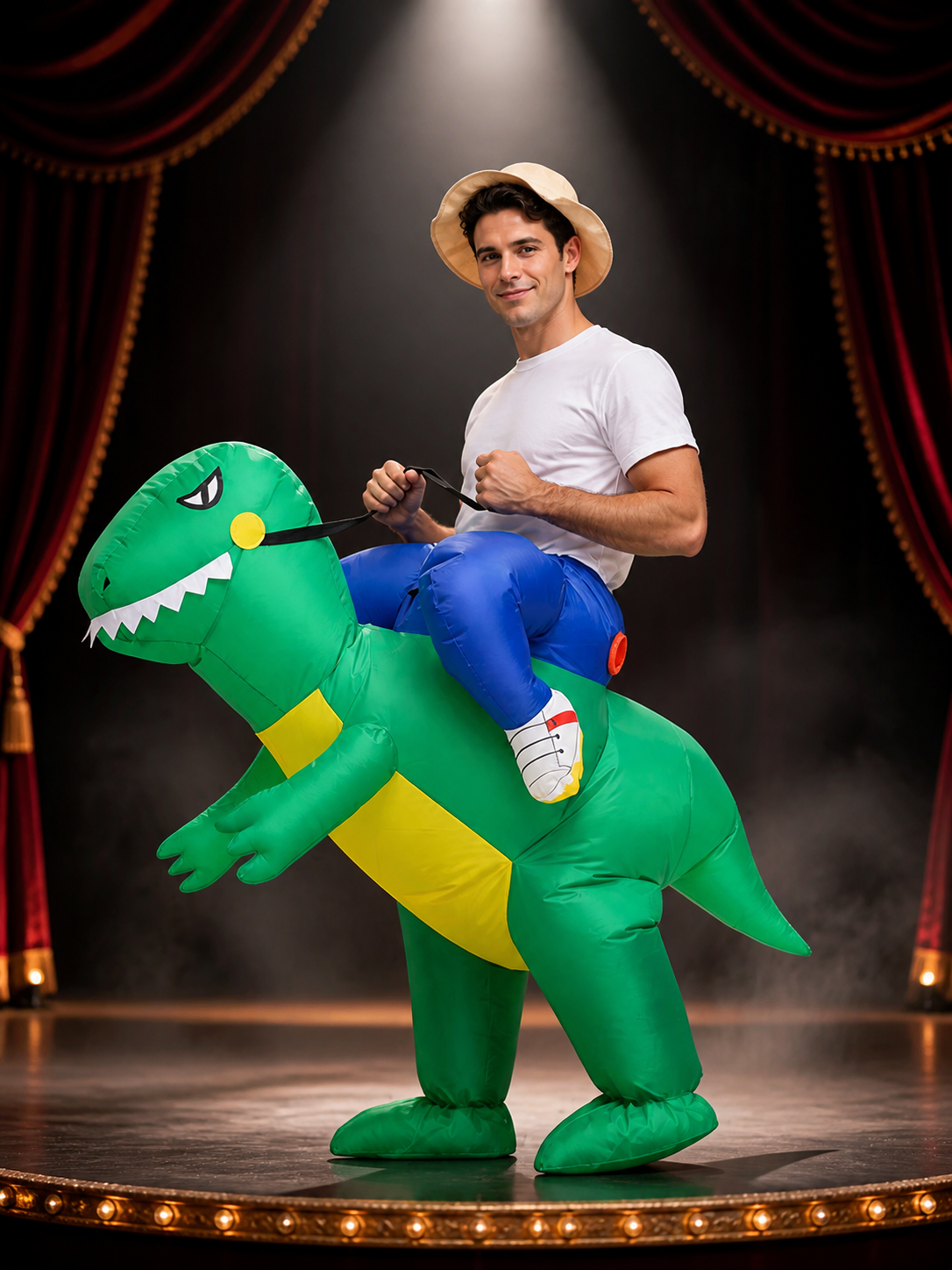 Green Inflatable Dinosaur Costume with Yellow Belly and Long Tail for Halloween Costumes detail 3