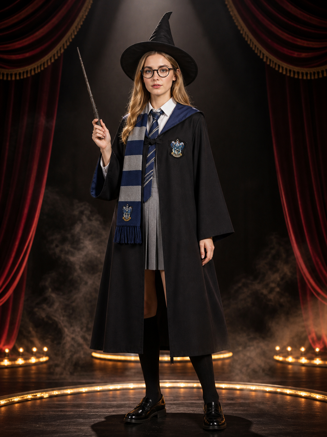 Wizard Robe Costume Set with Hat, Scarf, Glasses and Wand, Halloween Cosplay Costume Headwear detail 3