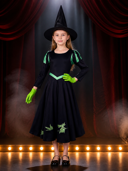 Witch Costume Set With Hat And Gloves, Black And Green Long Sleeve Dress With Costume Dresses detail 3