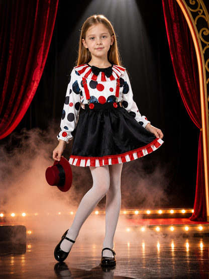 Clown Costume Set with Polka Dot Top, Striped Tutu, Hat & Suspenders on-model stage scene view