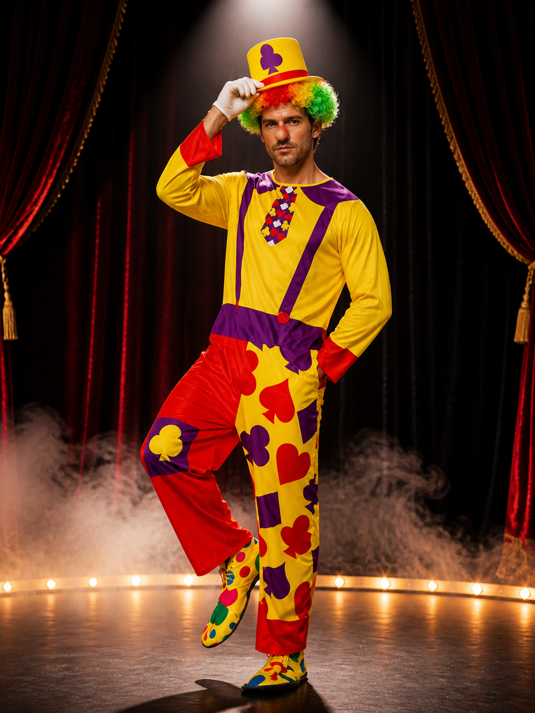 Adult Unisex Clown Jumpsuit Costume With Hat, Colorful Heart & Flower Print Costume Headwear detail 3