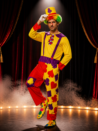 Adult Unisex Clown Jumpsuit Costume With Hat, Colorful Heart & Flower Print Costume Headwear detail 3