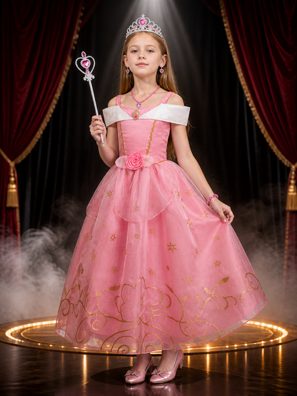 Girls Princess Aurora Dress Costume Set with Crown and Magic Wand, Pink Tutu Costume Dresses detail 3