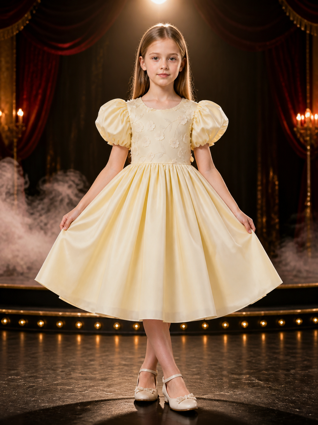 Girls' Christening Dress, Puff Sleeve Princess Gown with Floral Appliqué and product detail 3