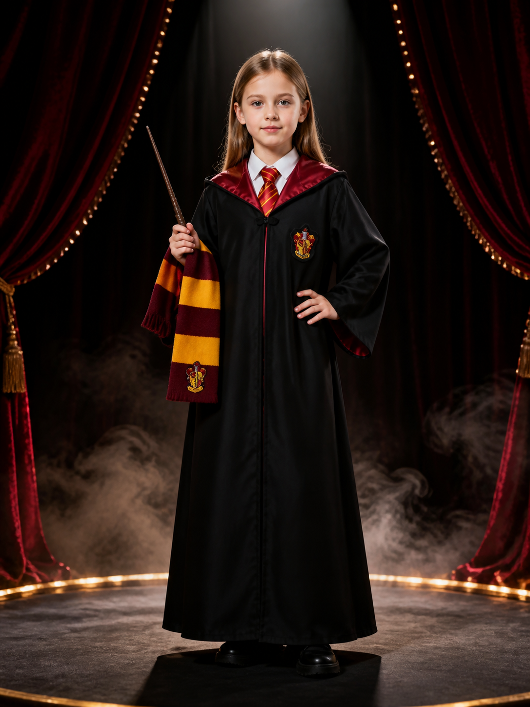 Kids Hooded Wizard Robe Costume Set, Burgundy And Yellow, With Tie And Scarf Costumes detail 3