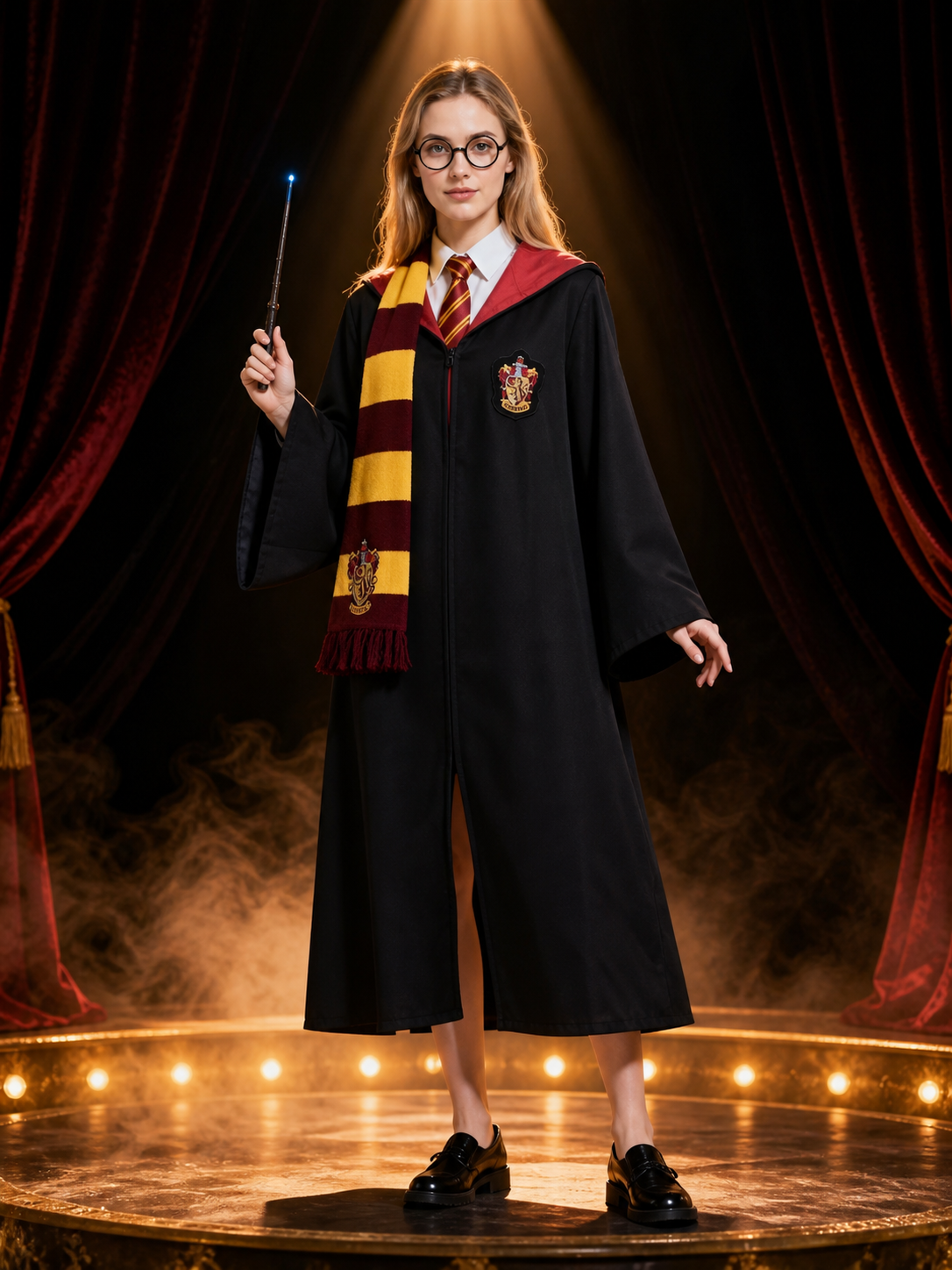 Gryffindor-Themed Wizard Robe Costume Set with Scarf, Tie, Glasses and Wand Costume Accessories detail 3