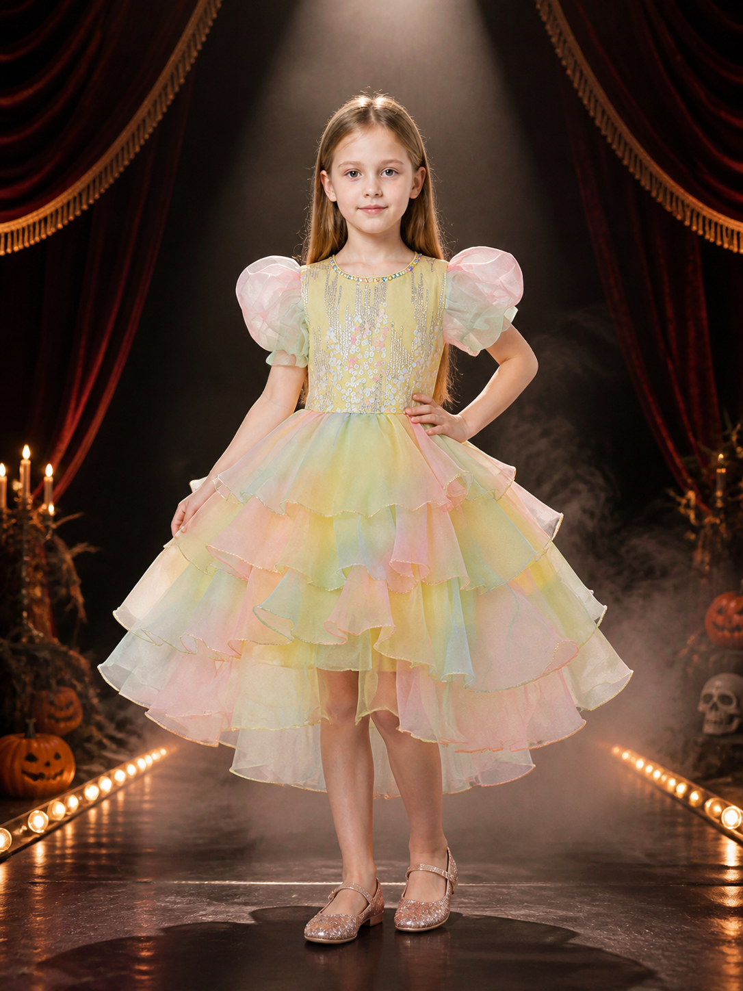 Girls' Multicolor Gradient Princess Formal Dress with Sequined Beaded Bodice and Costume Dresses detail 3
