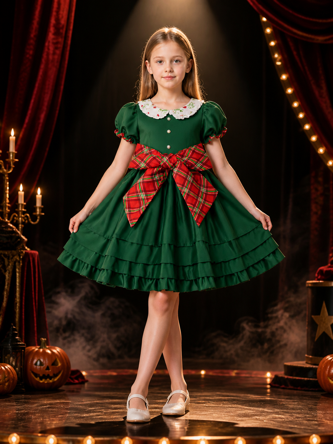 Girls' Christmas Elf Dress, Dark Green Ruffled Princess Costume with Puff Costume Dresses detail 3