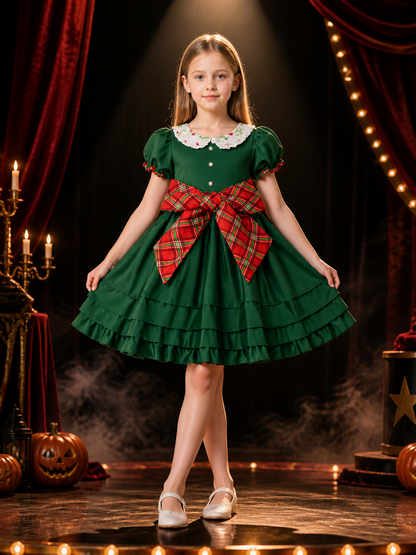 Girls' Christmas Elf Dress, Dark Green Ruffled Princess Costume with Puff Costume Dresses detail 3
