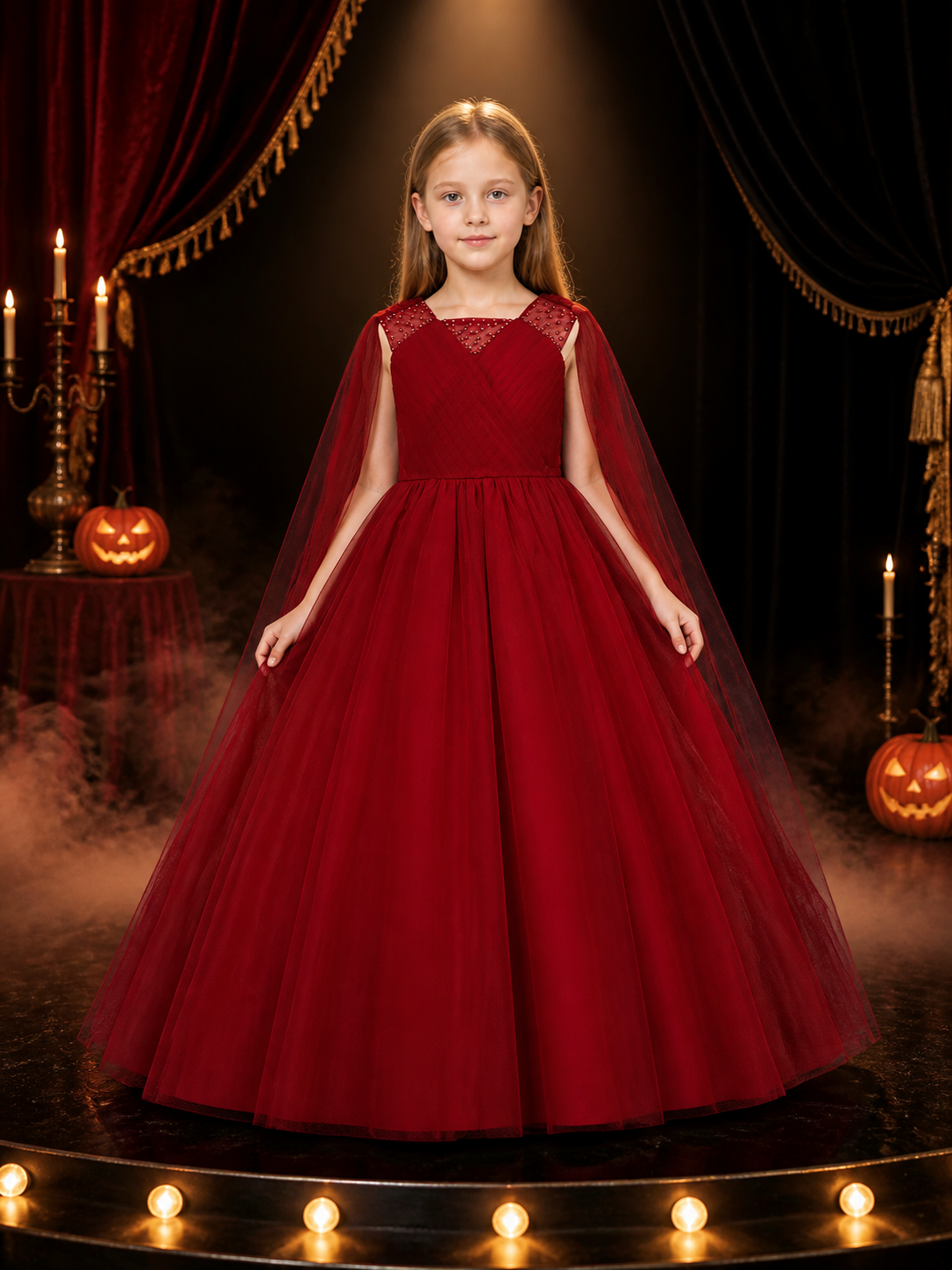 Girls' Burgundy Beaded Tulle Princess Dress, Sleeveless V-Neck Long Formal Gown Costume Dresses detail 3