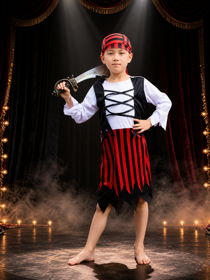 Children's Pirate Costume Set - Red Black Striped Dress & Hat for Halloween Costume Dresses detail 3