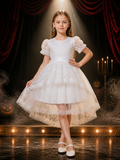 Girls' White Princess Dress, Floral Embroidered Lace Party Gown With Bow Costume Dresses detail 3