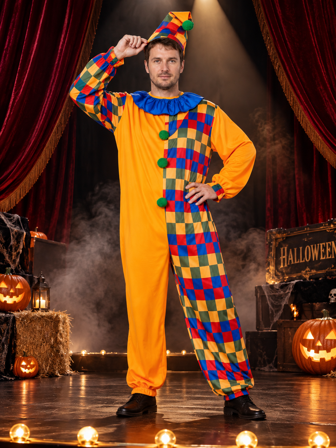 Bright Adult Clown Costume with Ruffle Collar and Hat