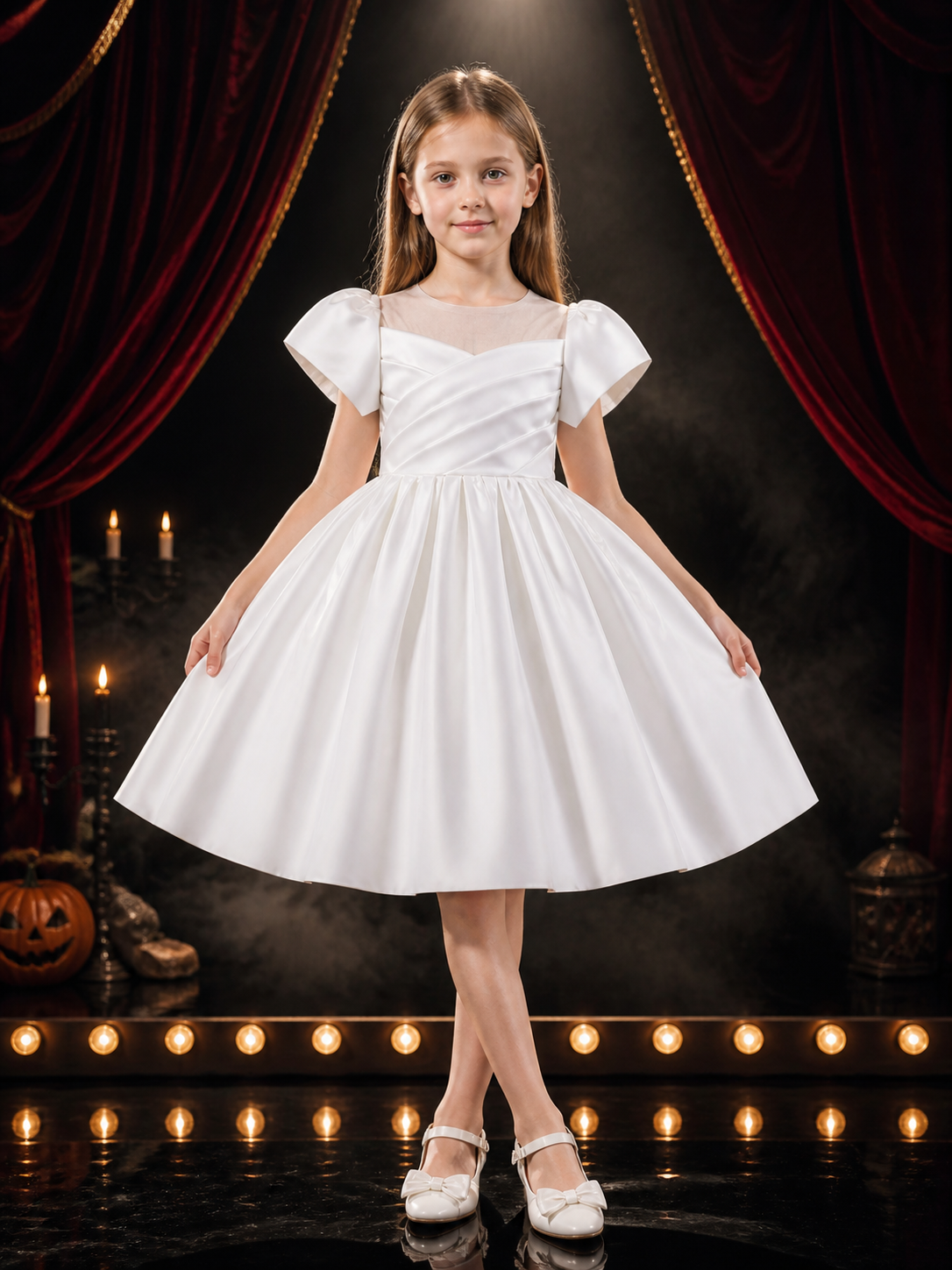 Girls' White Princess Dress, Short Sleeve Pleated Full-Skirt Formal Dress