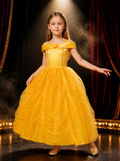 Girls Gold Yellow Sequined Tutu Princess Dress with Bow and Rose, Halter Neck