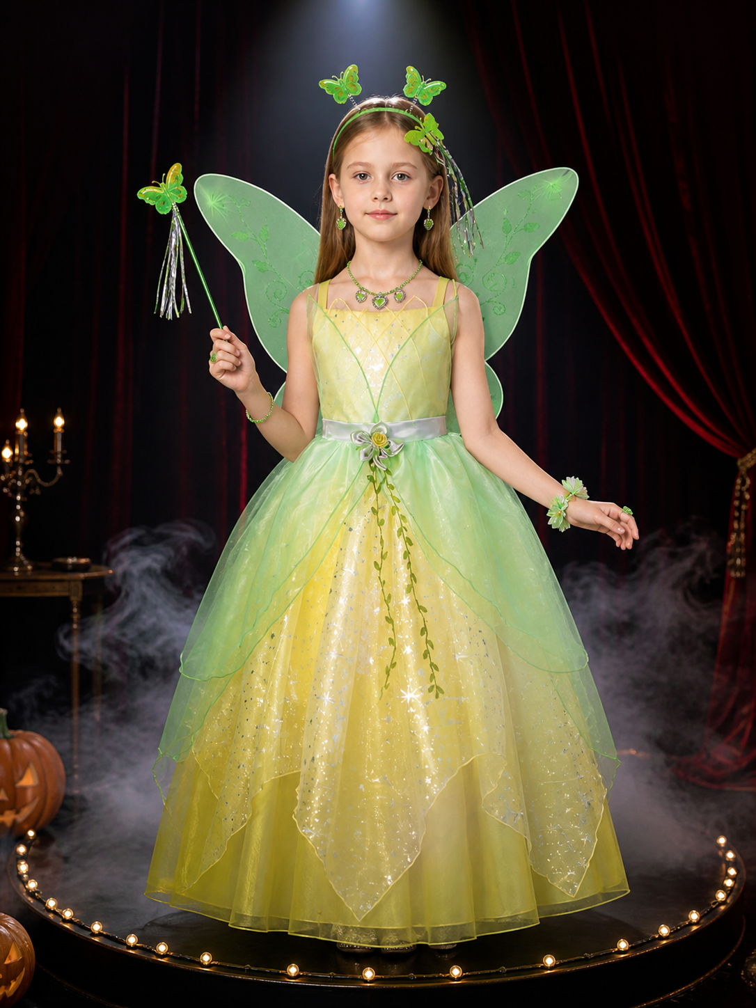 Girls Green Fairy Princess Costume Set with Tulle Dress, Butterfly Wings, Magic