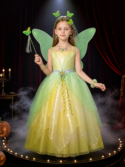 Girls Green Fairy Princess Costume Set with Tulle Dress, Butterfly Wings, Magic