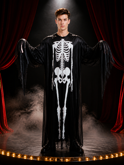 Skeleton Jumpsuit Costume, Long Black And White Draped-Sleeve Halloween Outfit Costumes detail 3