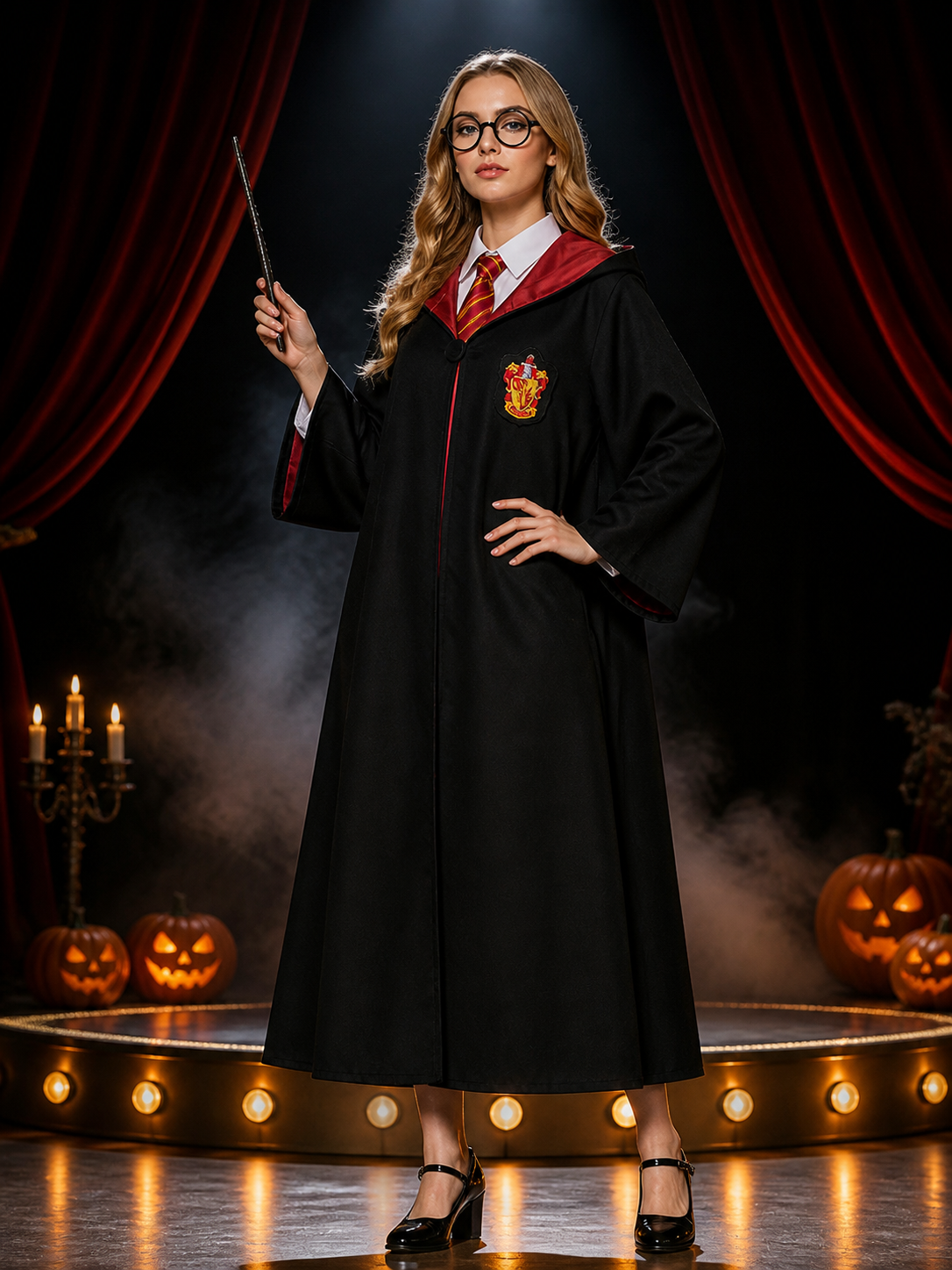 Black Hooded Wizard Robe Costume Set with School Crest, Hat, Tie, Scarf Costume Headwear detail 3